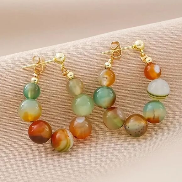Retro Style Round Agate Beaded Earrings Elegant Colorful Beaded Crystal Boho - Picture 1 of 5